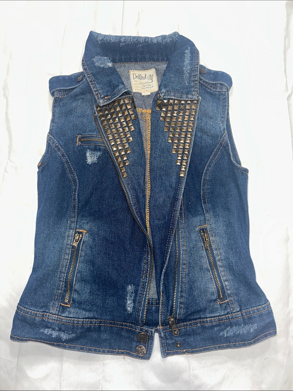 Vintage Dolled Up Blue Denim Vest with Gold Pyramid Studs